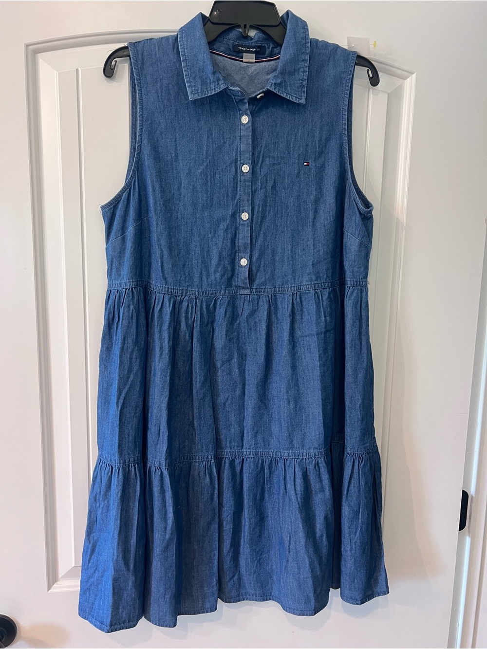 Size 12- Tommy Hilfiger Women's Chambray Tiered Shirtdress - blue